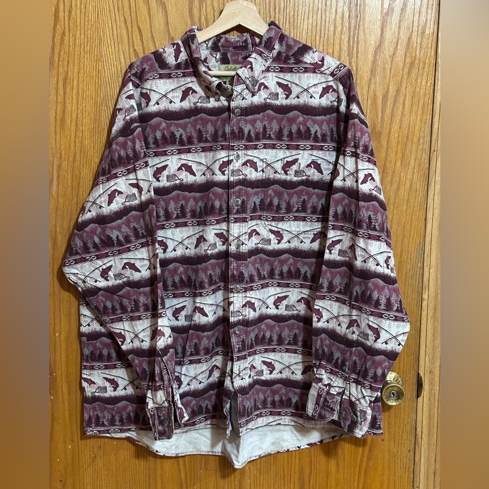 Cabela's chamois deer skin soft ‎ Maroon and White Casual Button Down Shirt F